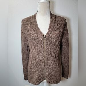 Woolrich Merino Wool Cable Knit Full Zip Sweater Women Size Medium Brown Marled